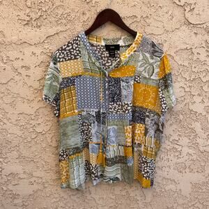 RAIN Boho Gypsy Patchwork Paisley Short Sleeve Tayon Blouse Size XL